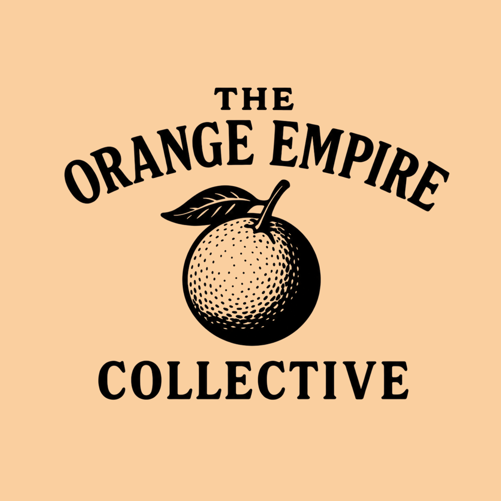 Design featuring a black illustration of an orange with a leaf on top, accompanied by the text 'The Orange Empire' above and 'Collective' below, all on a peach background.