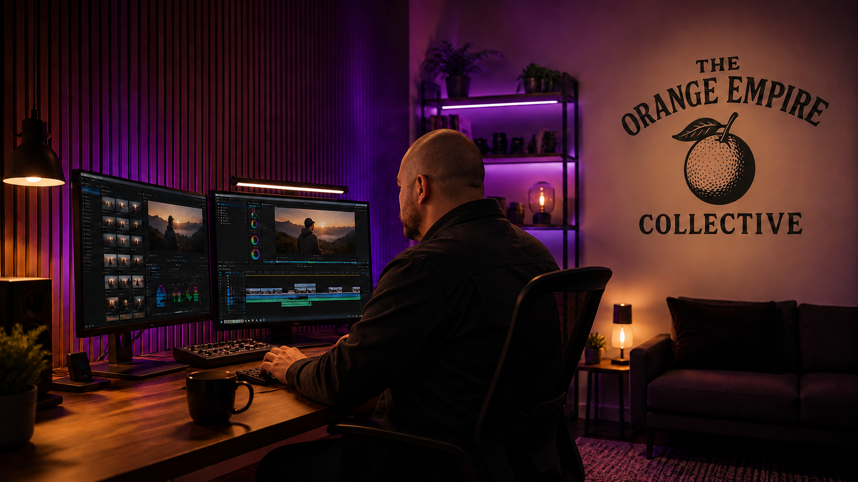 Man working on a video editing project at a desk with dual monitors in a dimly lit room with purple and orange lighting, featuring a wall with the words 'The Orange Empire Collective' and a logo of an orange.