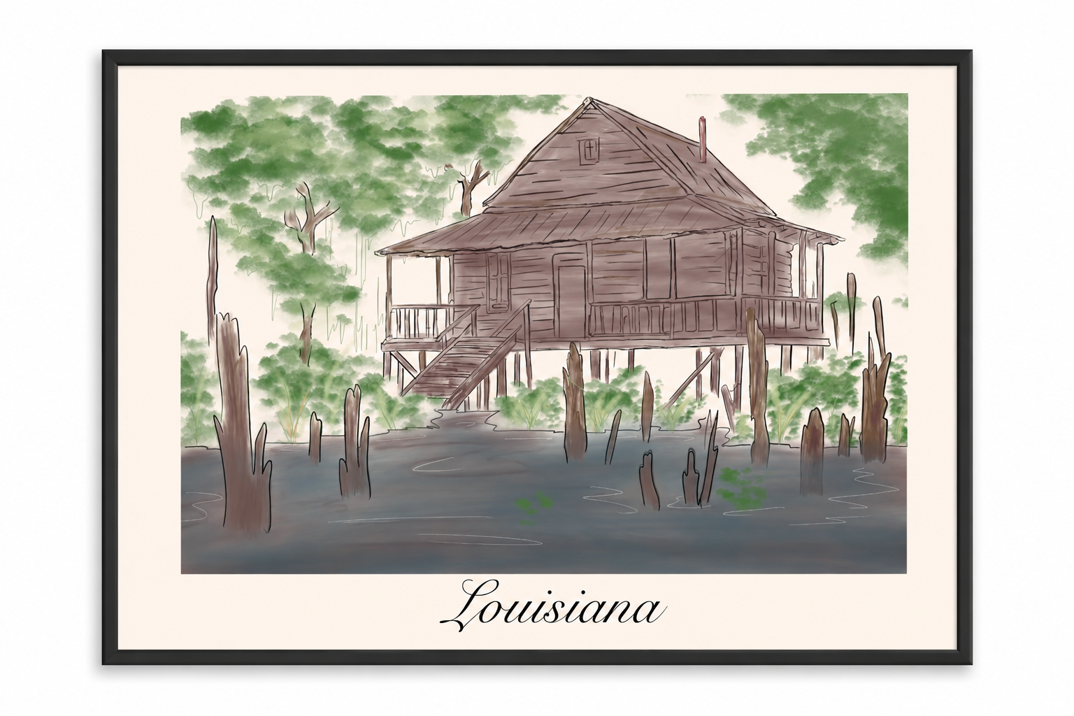 A watercolor painting of a wooden house on stilts in Louisiana with a porch, surrounded by green trees and water with cypress knees, labeled 'Louisiana' at the bottom.