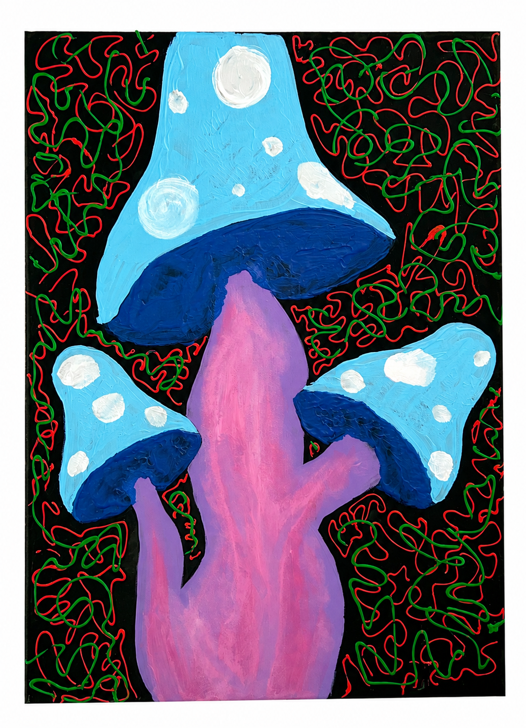 Painting of three blue mushrooms with white spots on a black background, surrounded by red and green squiggly lines.