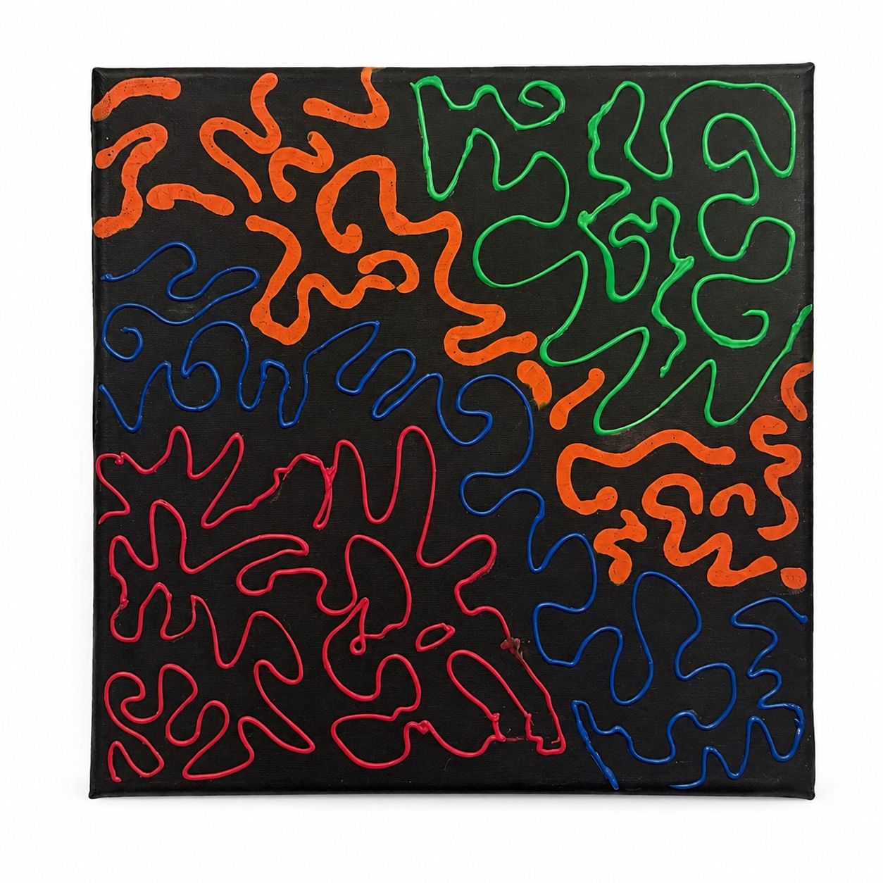 Abstract colorful squiggly lines on a black background, in orange, green, blue, and pink, resembling a modern art piece.