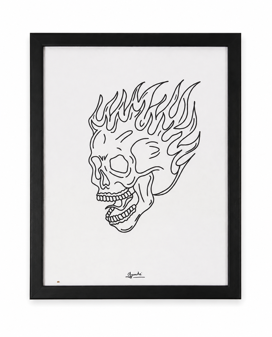 Line art drawing of a skull with flames on top, signed at the bottom.