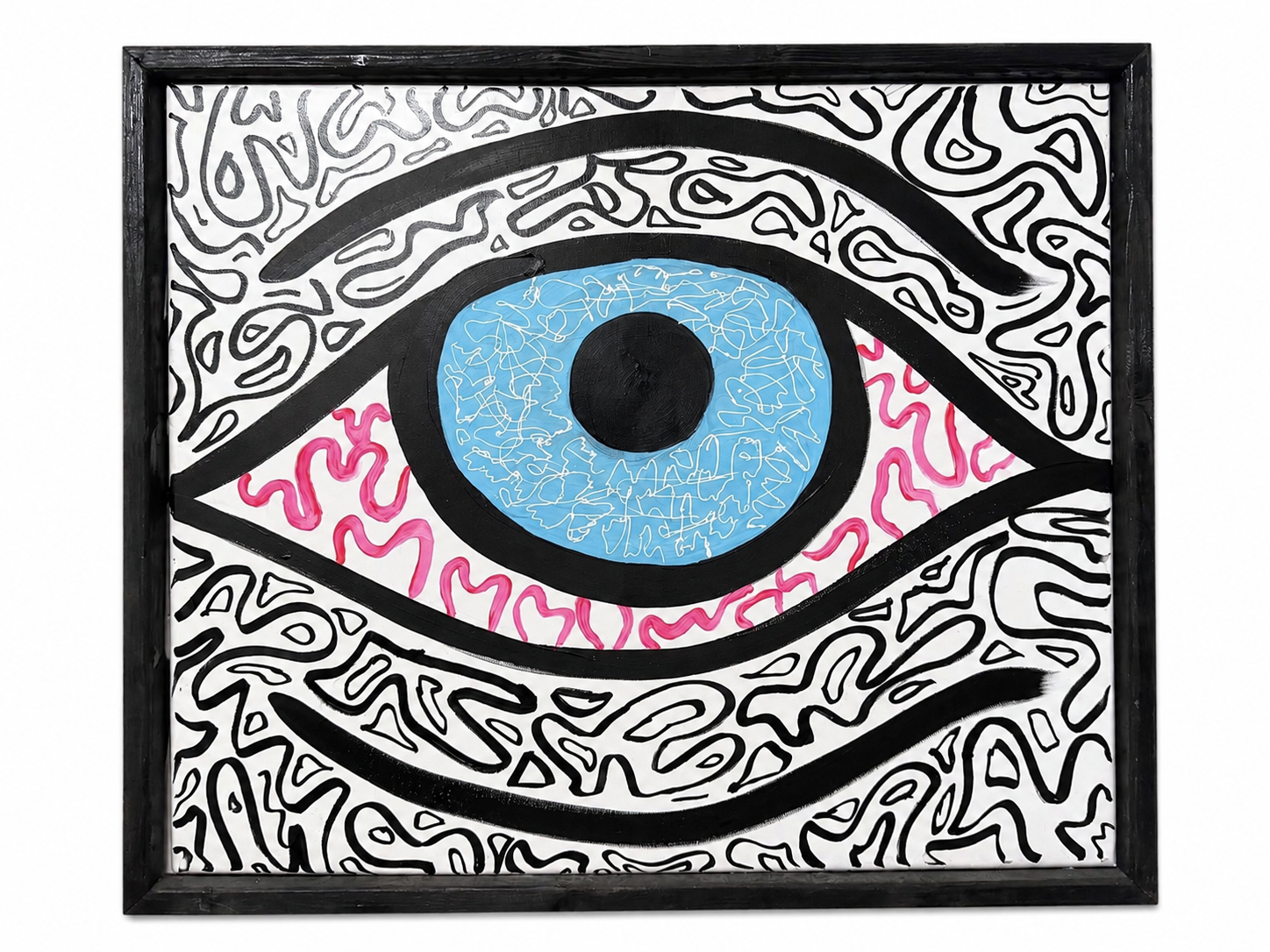 Pop art style painting of an eye with black outline, vibrant blue iris with white squiggly lines, pink upper eyelid, and black lower eyelid on a black and white abstract patterned background.