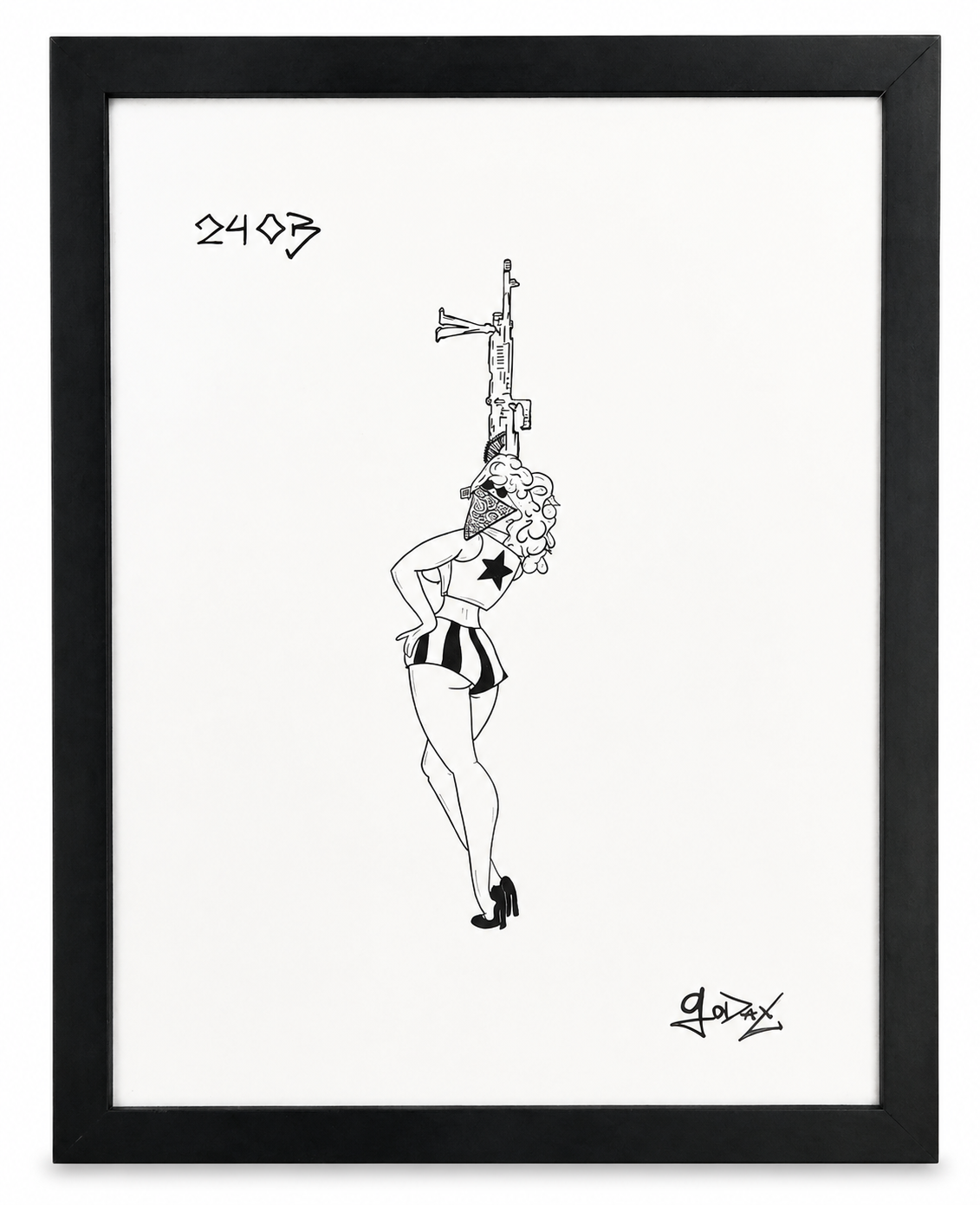 Black and white illustration of a woman with curly hair wearing high heels, striped shorts, and a top with a star, posing with her hands on her hips, with a rifle balanced on her head, inside a black frame.