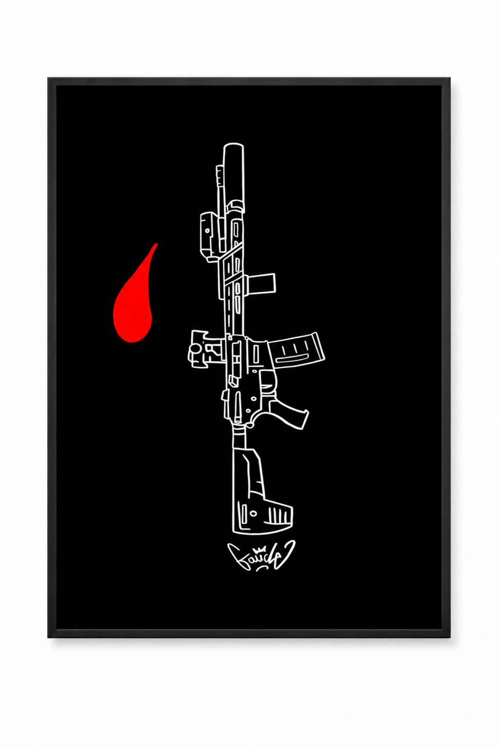 A black framed artwork featuring a white outline drawing of an assault rifle with a red teardrop shape to the left of the gun and a graffiti-style signature at the bottom.
