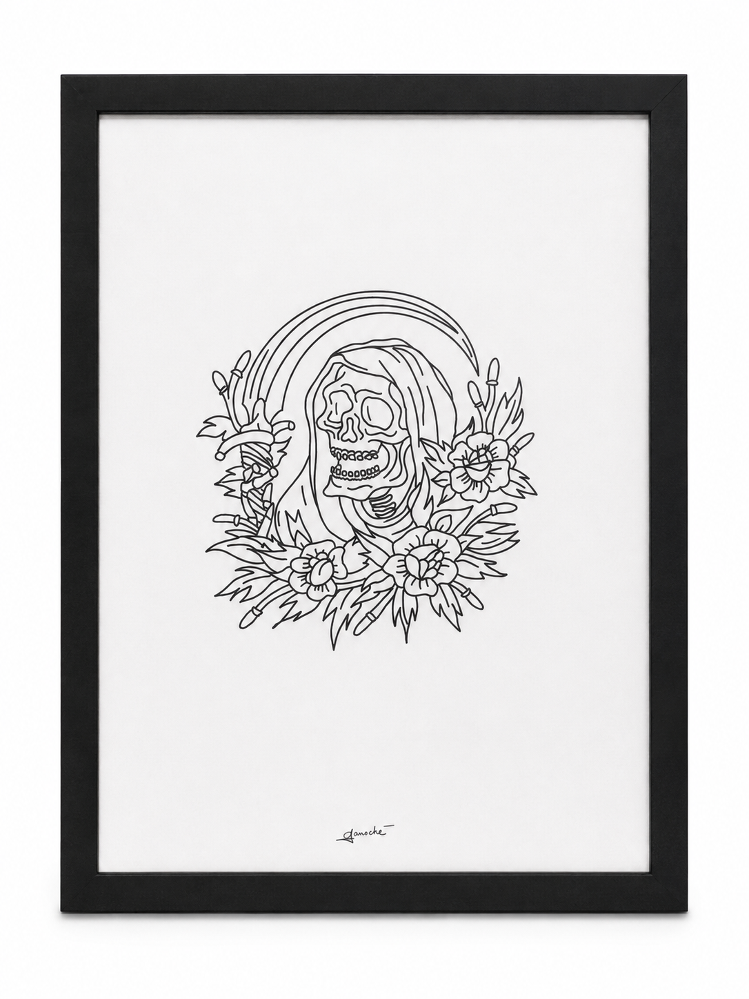 Line art of a skeleton with flowers and a rainbow on a white background, framed in black.