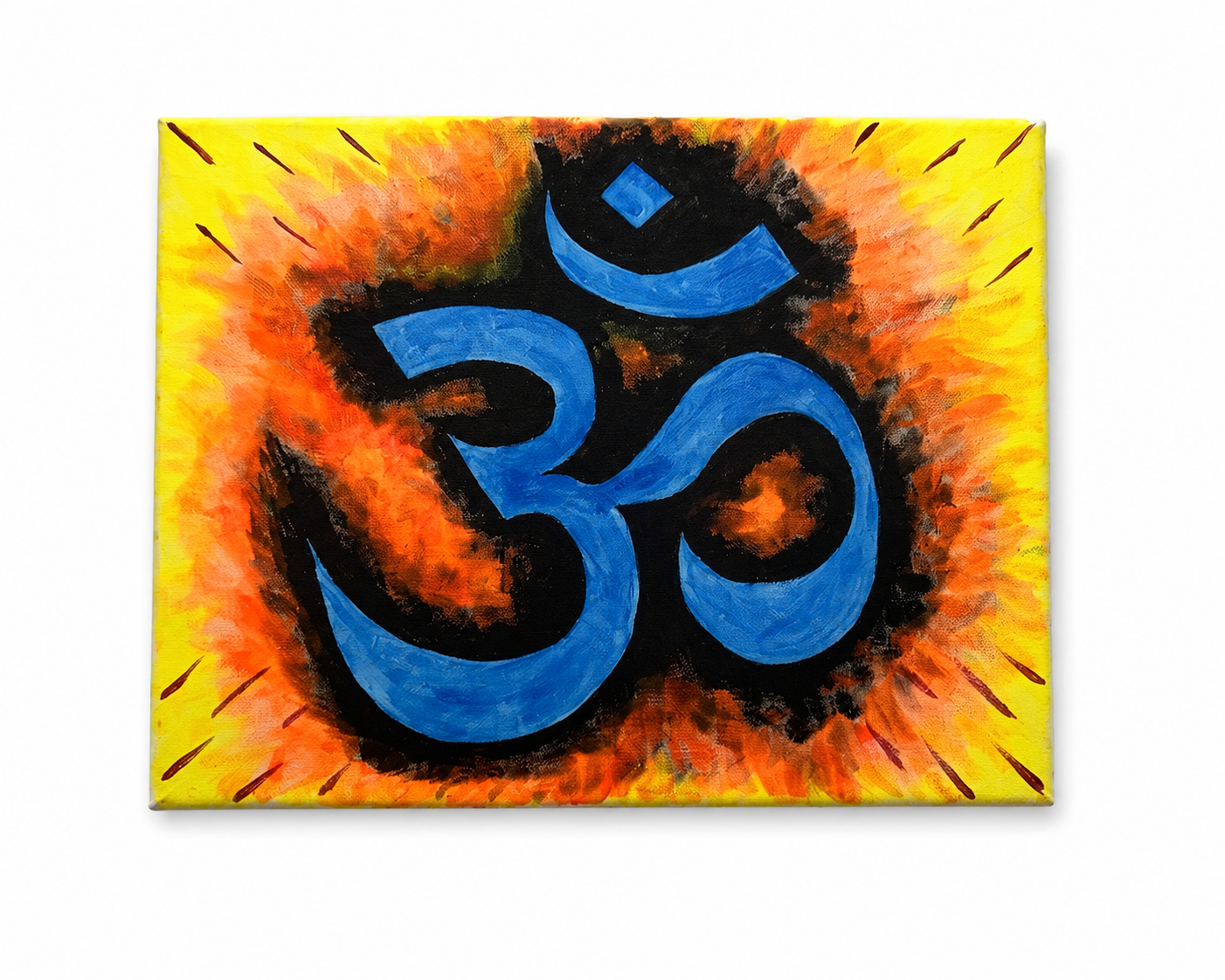 Painting featuring a large blue Om symbol with a black and fiery orange-yellow background.