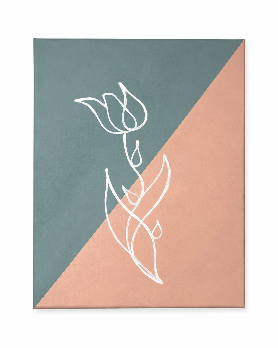 Abstract painting divided diagonally with muted green and pink colors, featuring a simple white line drawing of a flower with a stem and leaves.