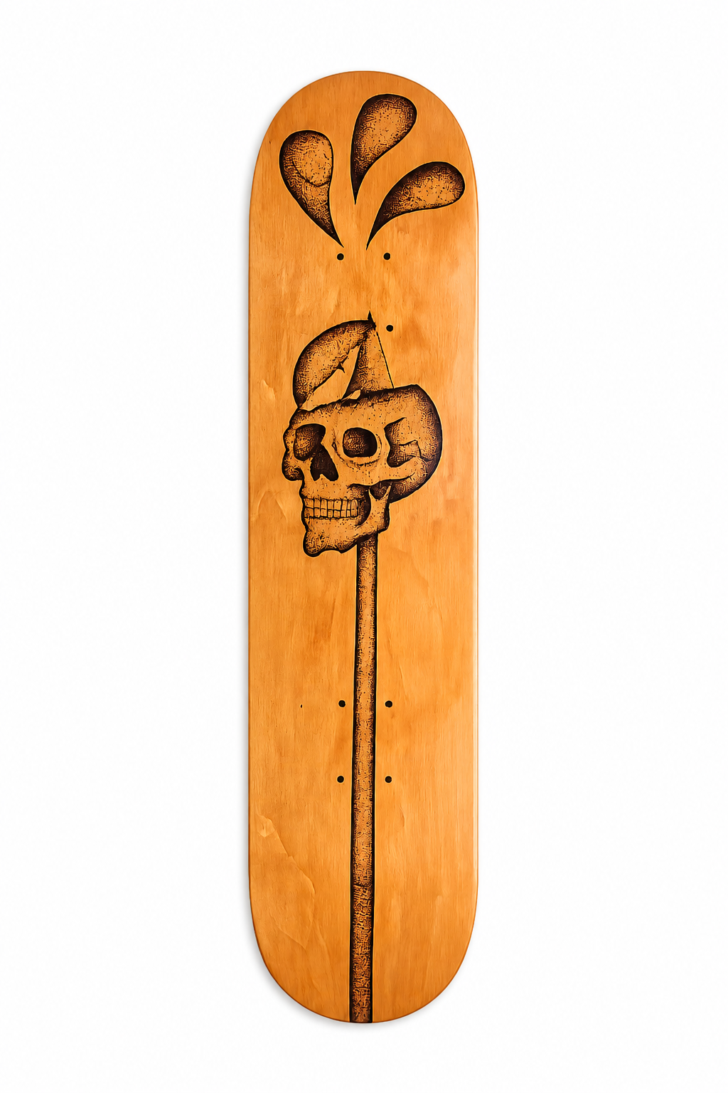 Skateboard deck with a painted skull and smoke design on a wooden background.
