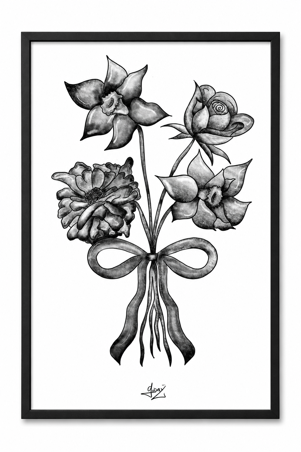 Black and white botanical illustration of flowers tied with a ribbon, signed by the artist.