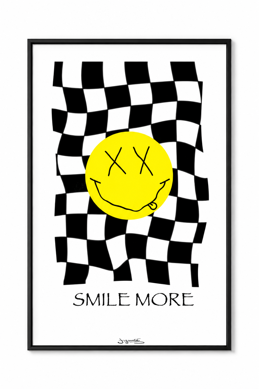 A framed poster featuring a distorted black and white checkered background, a yellow smiley face with X's for eyes, a tongue sticking out, and a wide smile, with the words "SMILE MORE" written at the bottom.