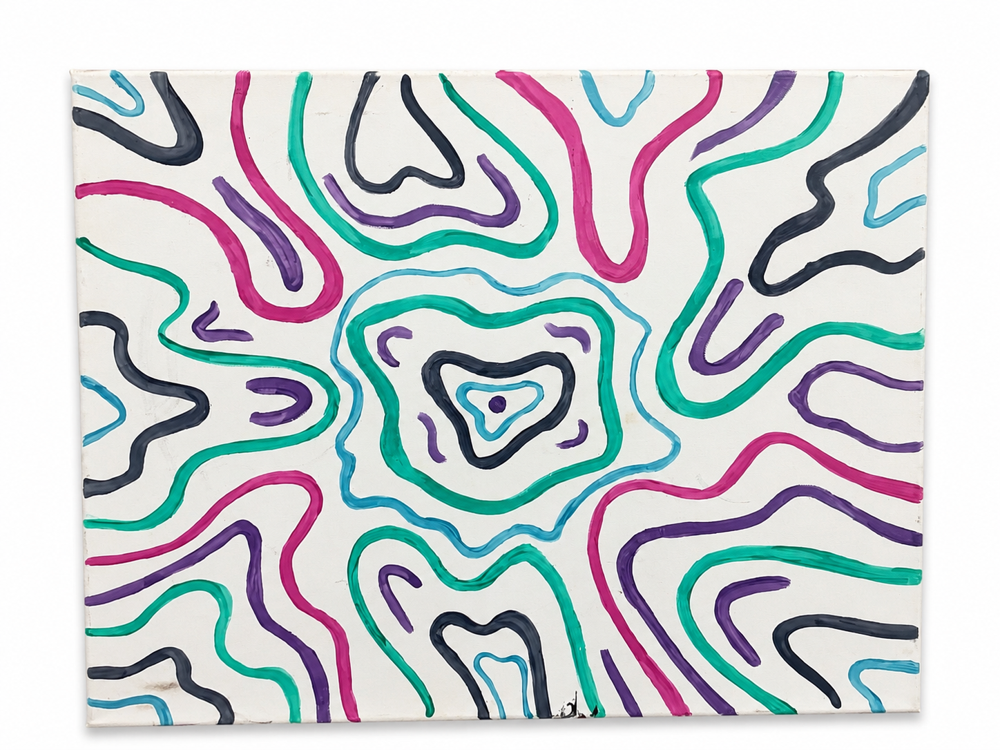 Abstract art with colorful, wavy lines in black, purple, pink, teal, and blue on a white background, creating concentric irregular shapes.