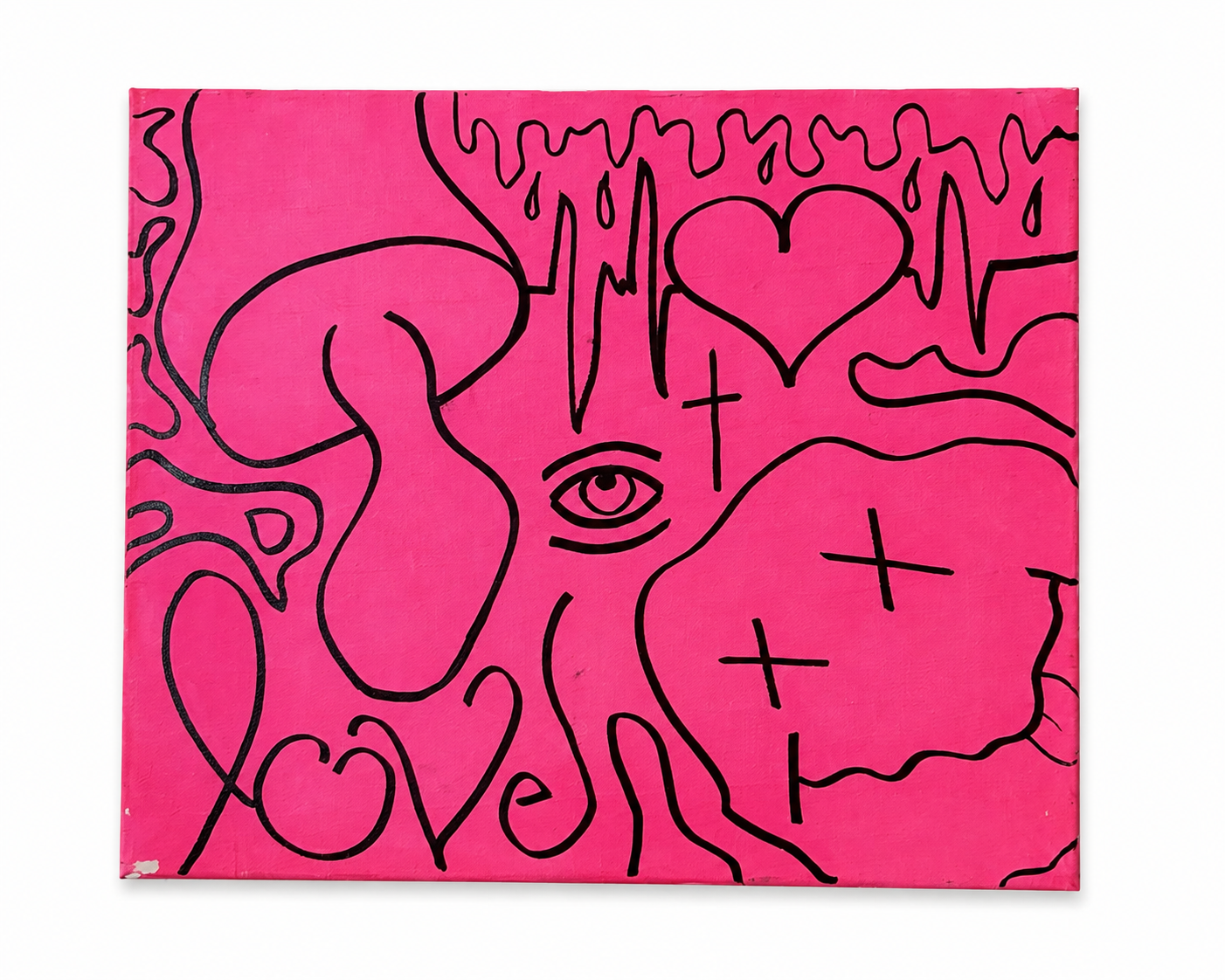 Pink painting with black outline graffiti-style drawings of an eye, a heart, a cross, and abstract shapes.