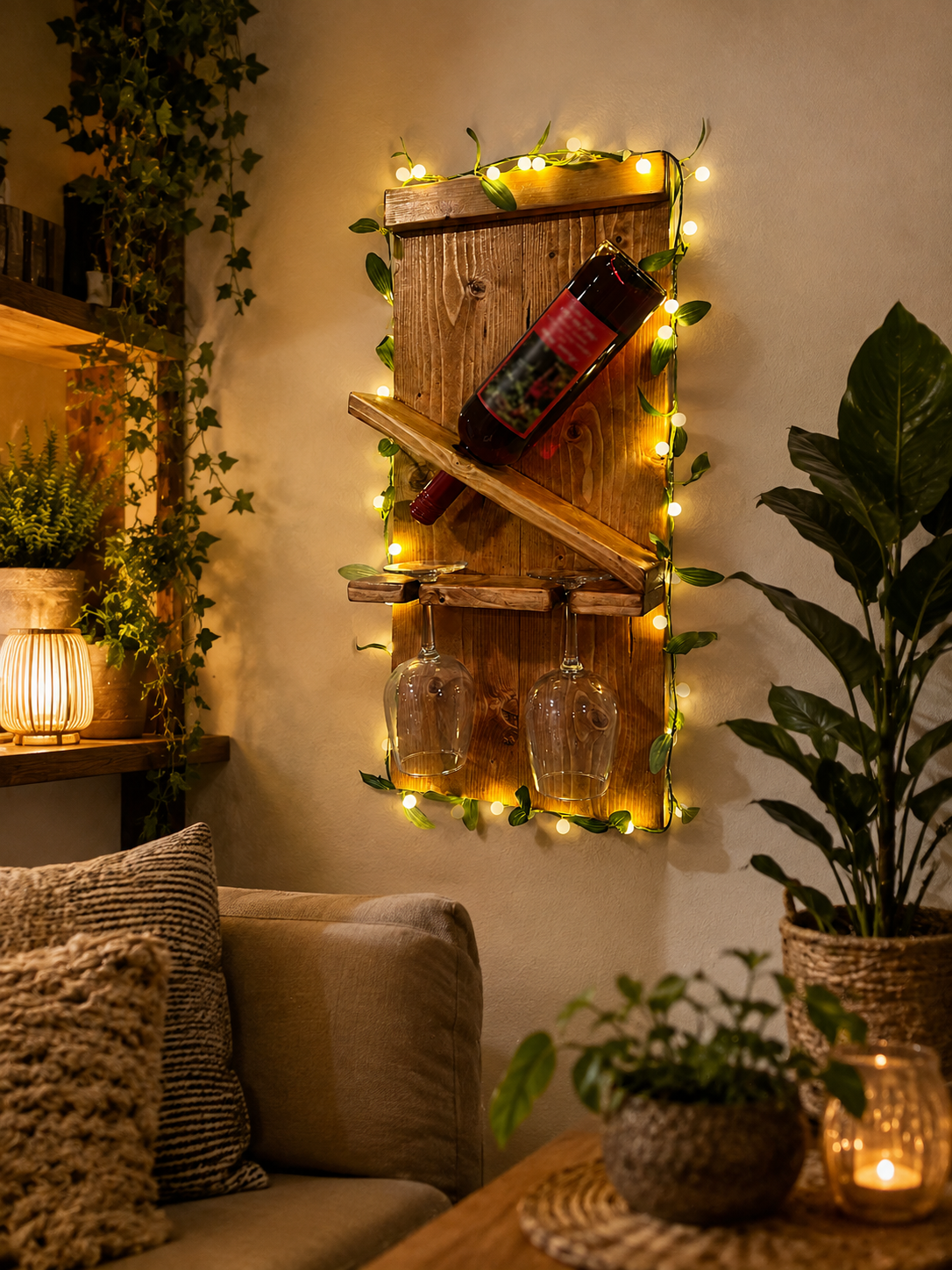 Decorative wall shelf made of wood with a wine bottle and two upside-down wine glasses, surrounded by string lights and greenery, in a cozy living room.