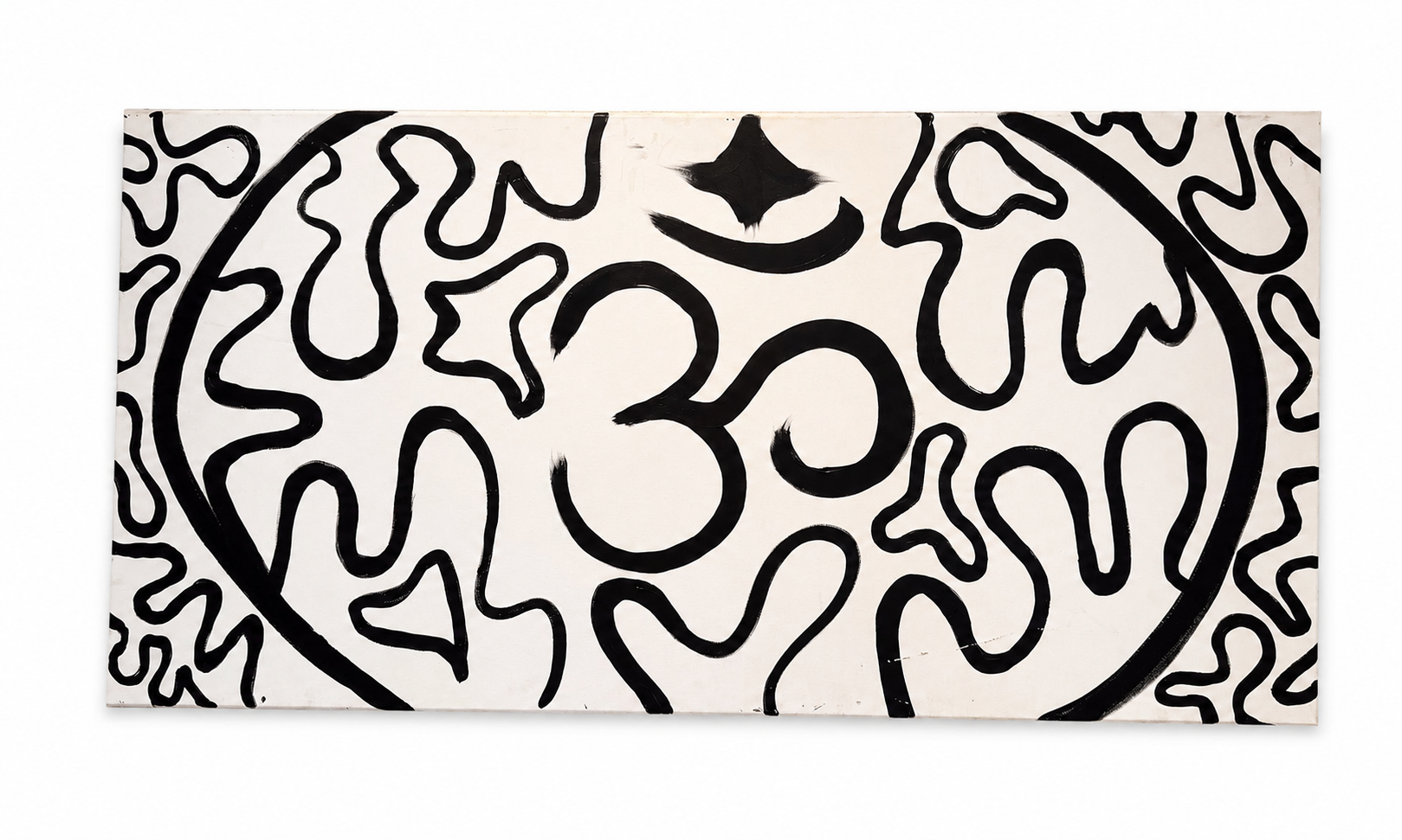 Abstract black and white painting with large circular and irregular lines, featuring a star and crescent shape at the top center.
