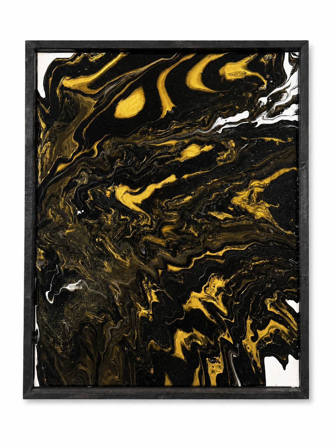 Abstract black and gold marbled painting in a black frame on a white background.