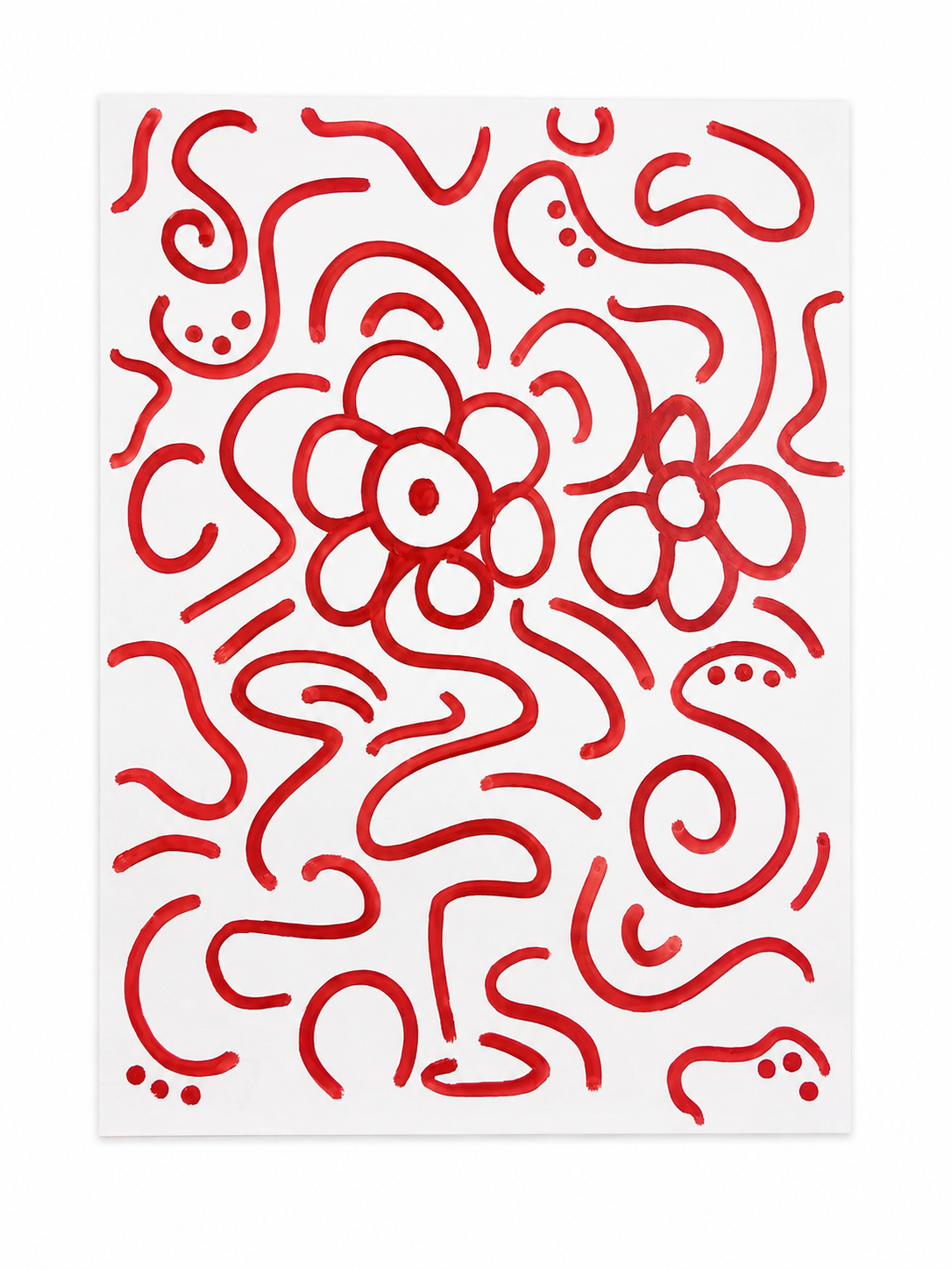 Red abstract doodles and flowers on a white background.