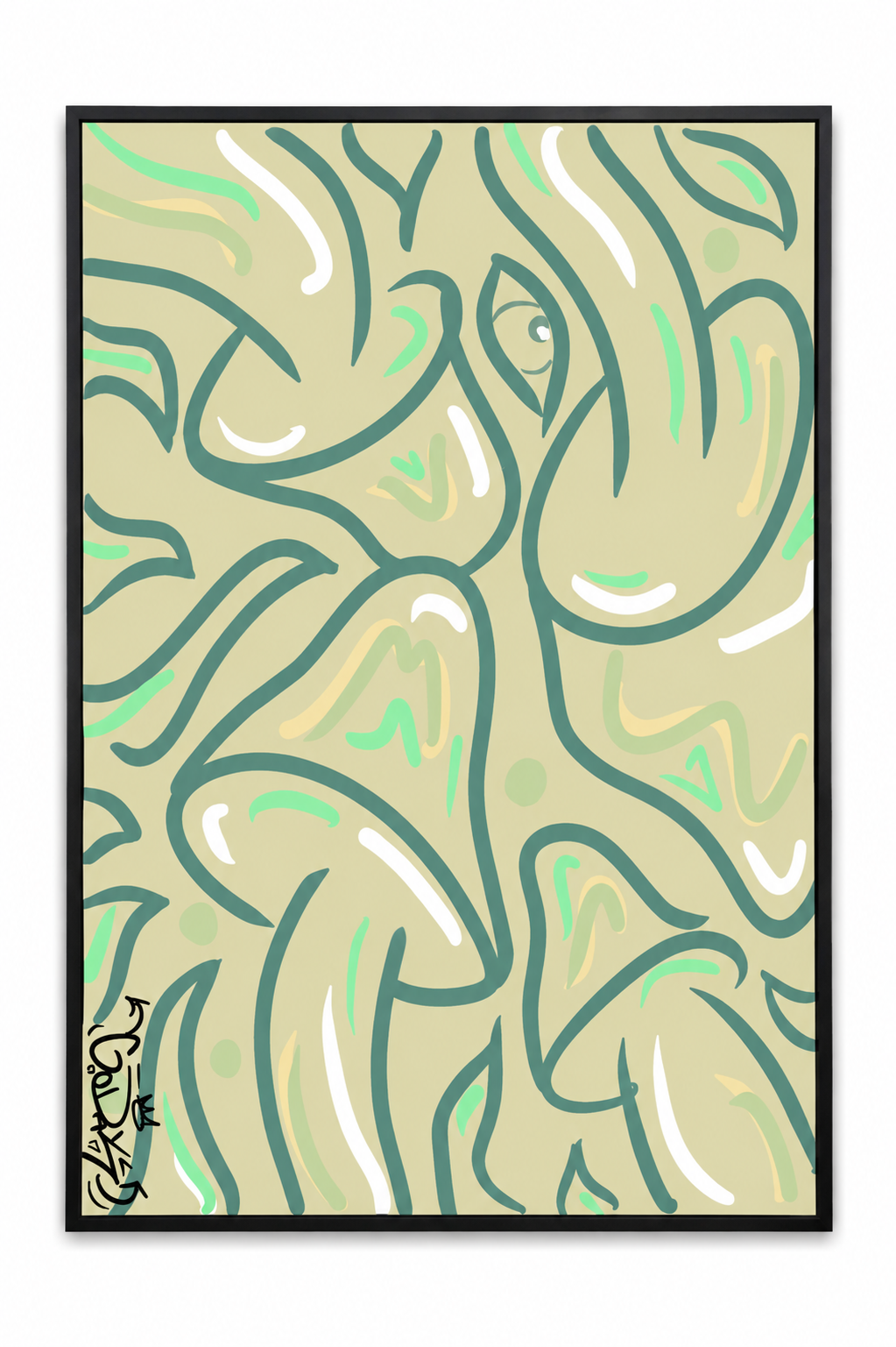 Abstract artwork with green, white, and yellow curvy lines and shapes on a beige background, framed in black.