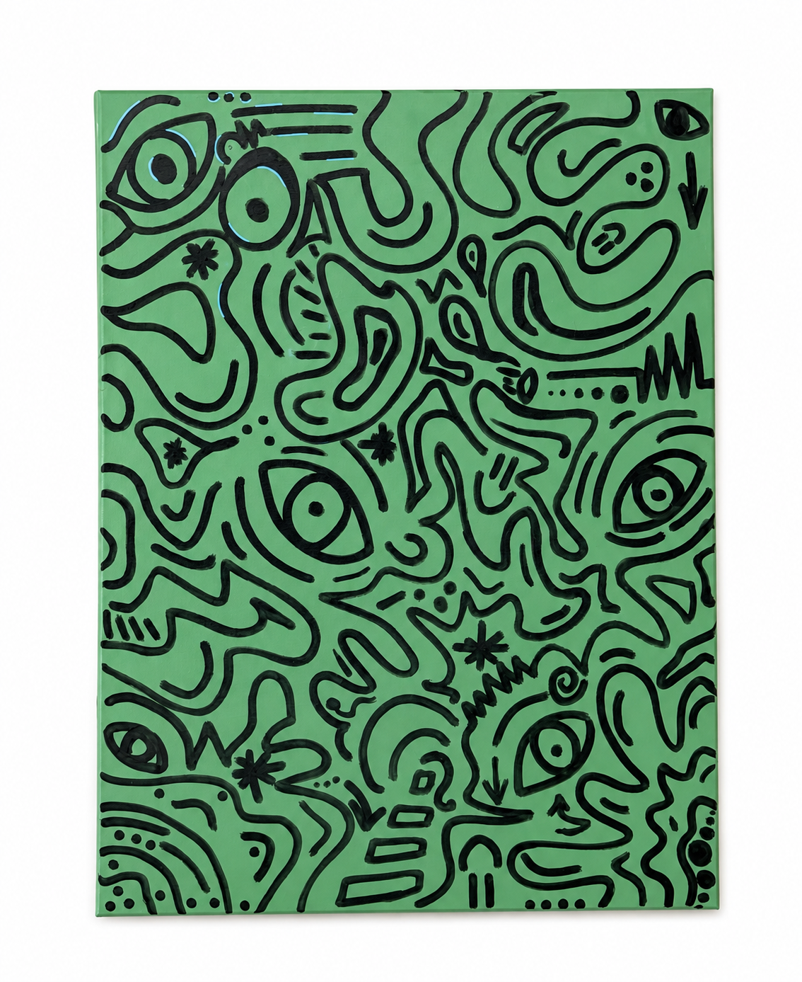 Green background with black abstract line drawings of eyes, arrows, stars, and squiggles.