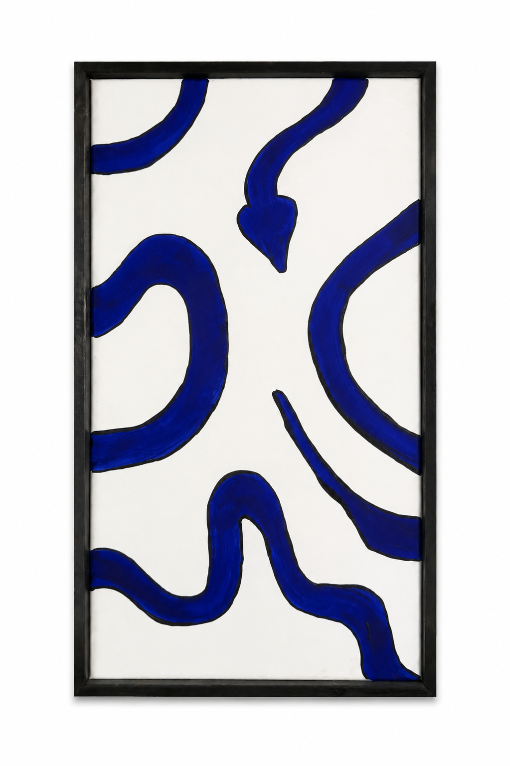 Abstract painting with blue, wavy arrows on a white background in a black frame.