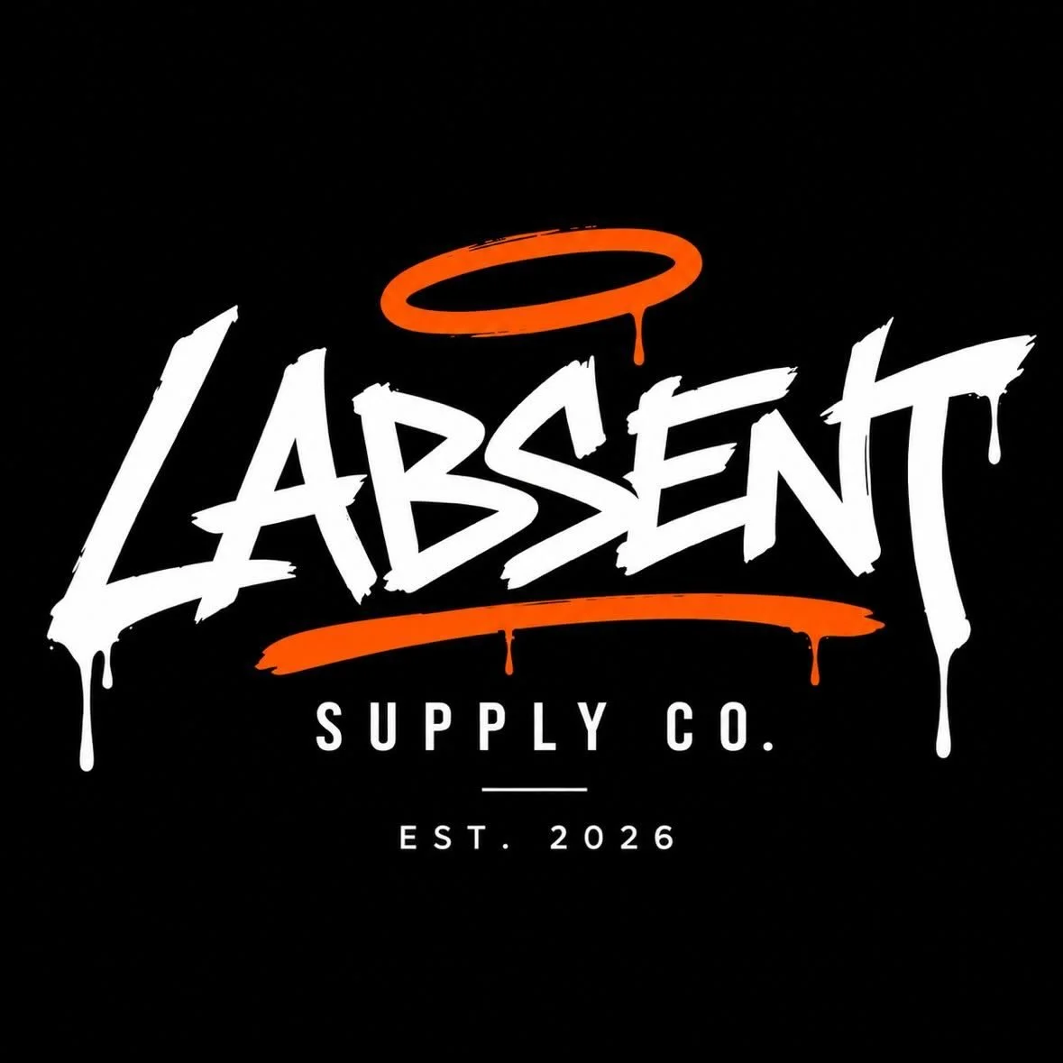 Logo for LabSENT Supply Co. with a black background, white graffiti-style text, orange accents, a stylized halo above the letter 'A', and the establishment year 2026.