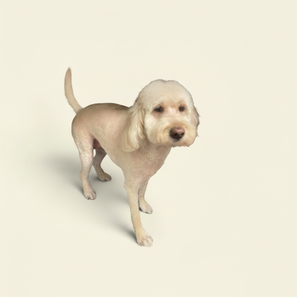 A tan and cream goldendoodle puppy with a fluffy coat, standing after a full groom.