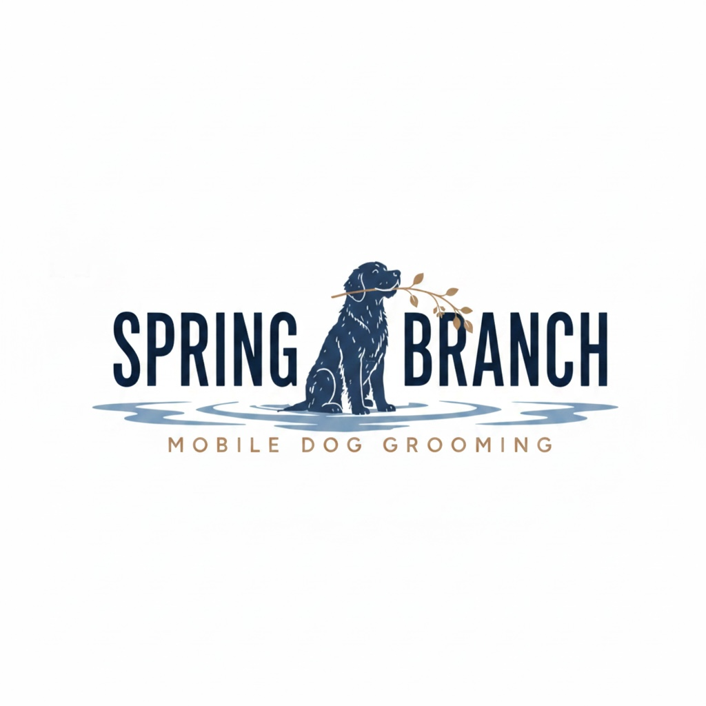 Logo for Spring Branch Mobile Dog Grooming featuring a dog holding a branch in its mouth, with water ripples at its paws.