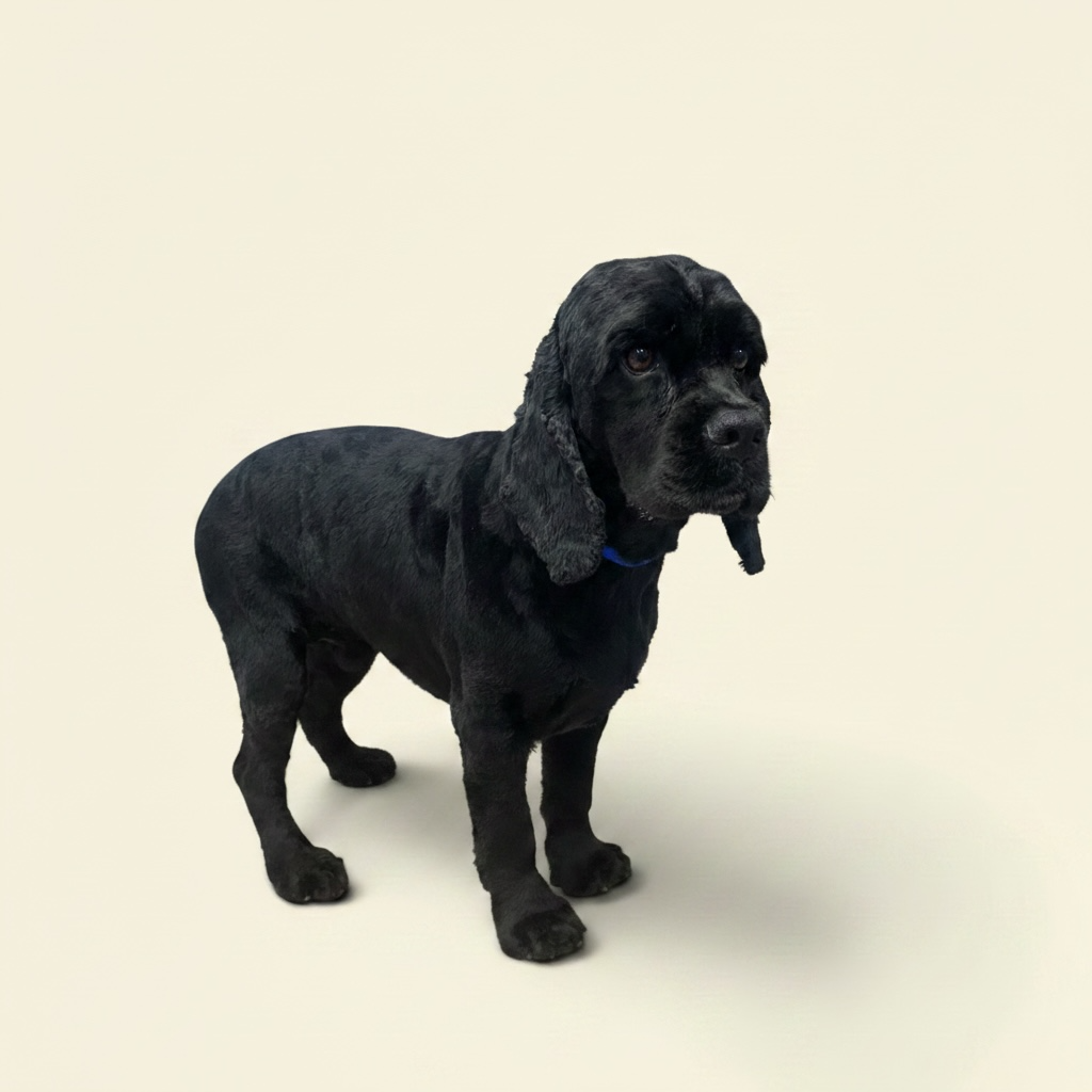 A black cocker spaniel, standing after getting a haircut very short.