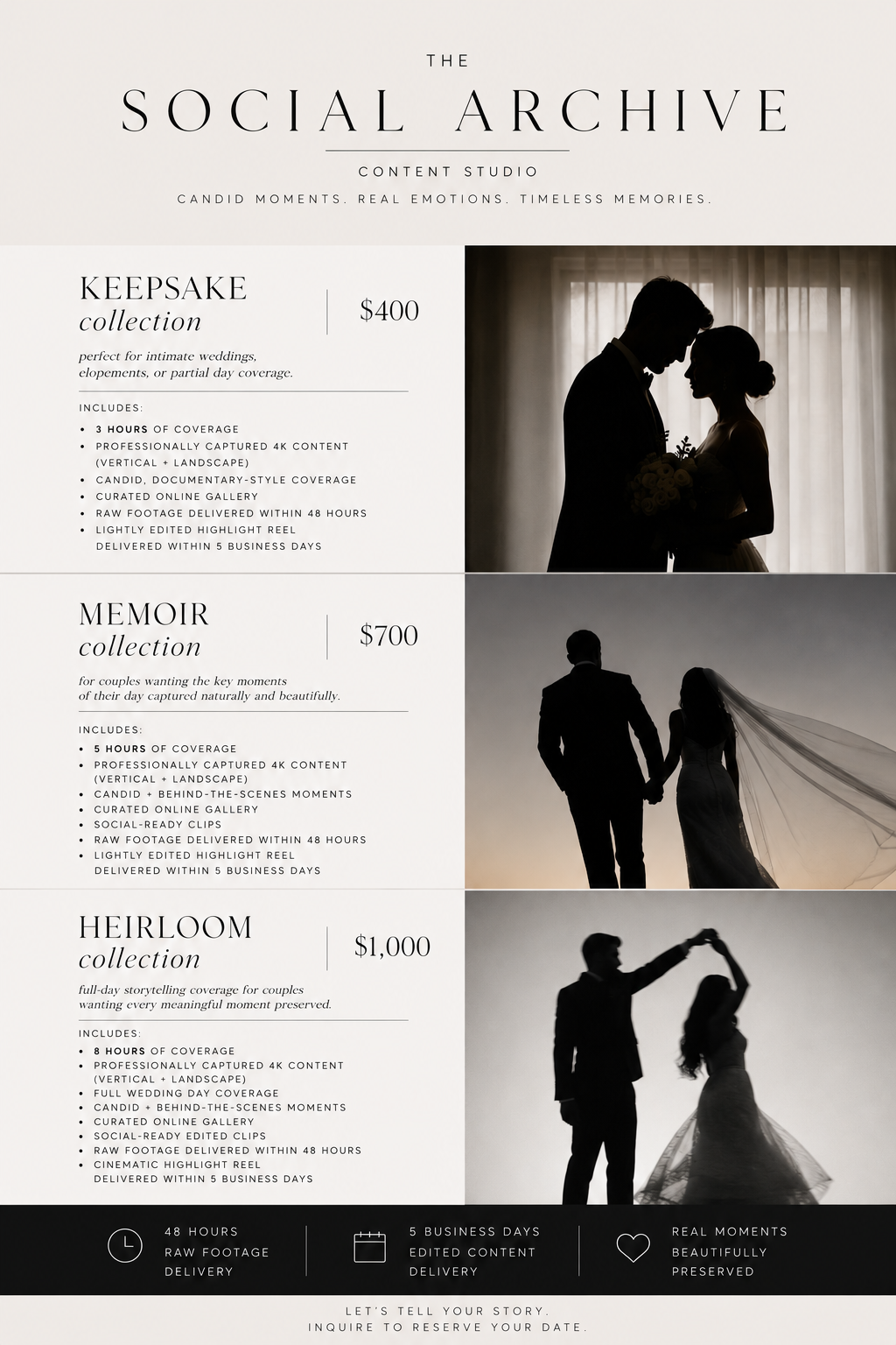 Pricing and services for wedding content creation collections with silhouette photos of a couple. The packages include Keepsake, Memoir, and Heirloom collections, with details on coverage hours, content, and delivery time.