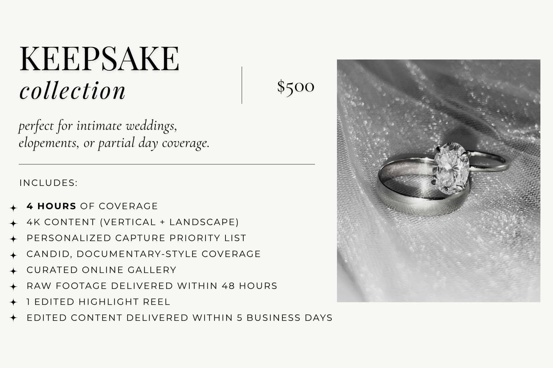 A promotional flyer for a keepsake collection featuring a diamond engagement ring on satin fabric. The flyer highlights a price of $500 and lists coverage details and services.