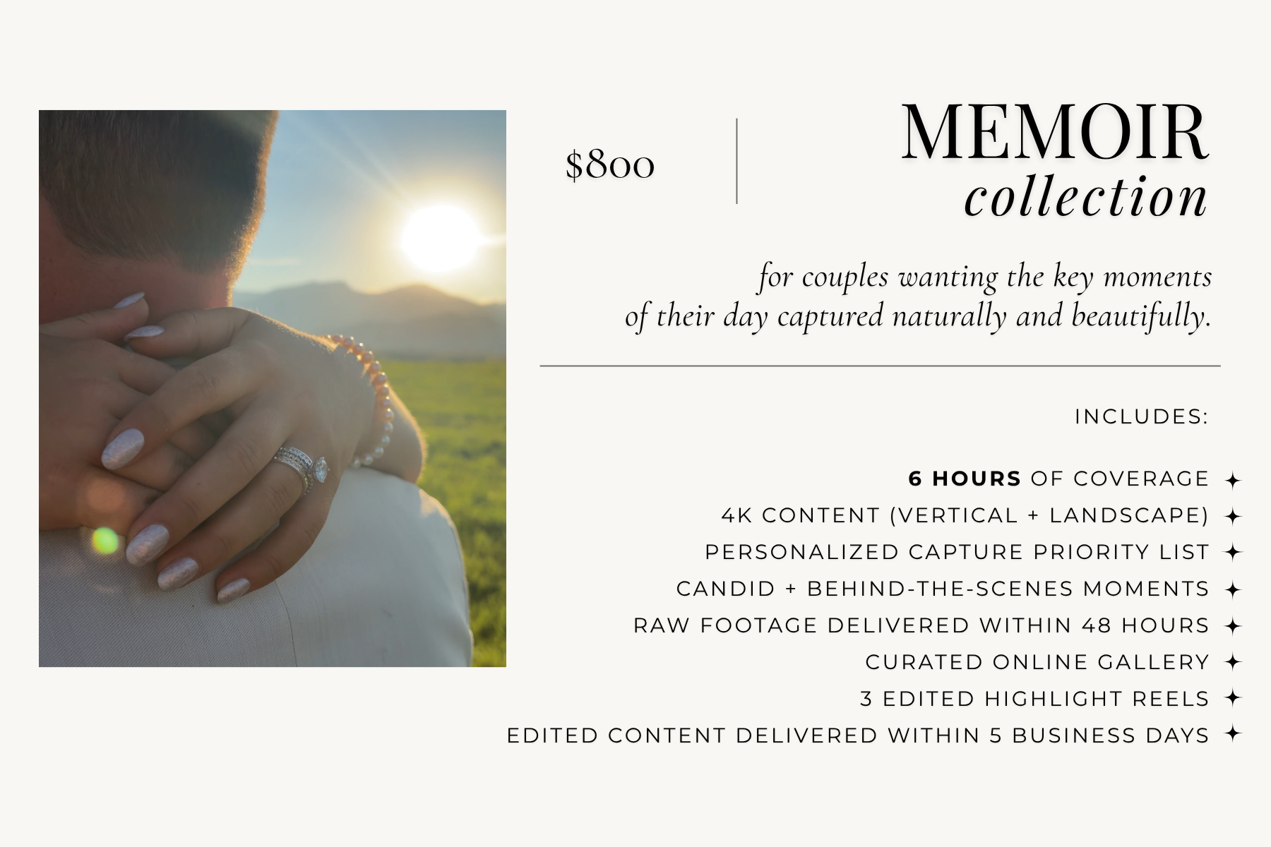 A couple embracing outdoors during sunset, focusing on their hands with wedding rings, with a scenic landscape in the background.