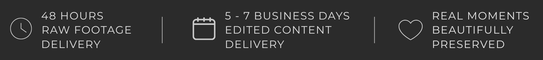 Services offered with delivery time estimates: 48 hours raw footage delivery, 5-7 business days edited content delivery, and preservation of real moments.