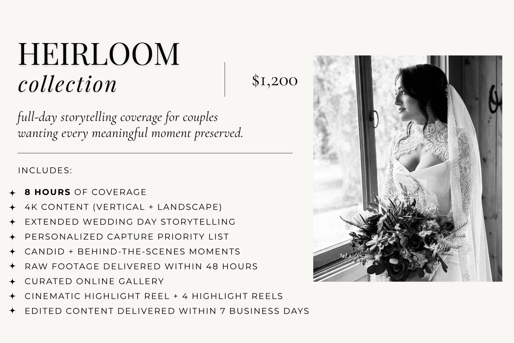 Black and white photo of a bride looking out the window while holding a bouquet, dressed in lace wedding gown with veil, standing near a wooden wall.