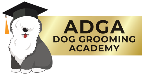 Logo for ADGA Dog Grooming Academy featuring a cartoon dog wearing a graduation cap.