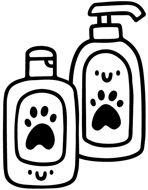 Cartoon style illustration of two bottles with paw prints and smiling faces, one with a pump dispenser and one with a flip-top cap.