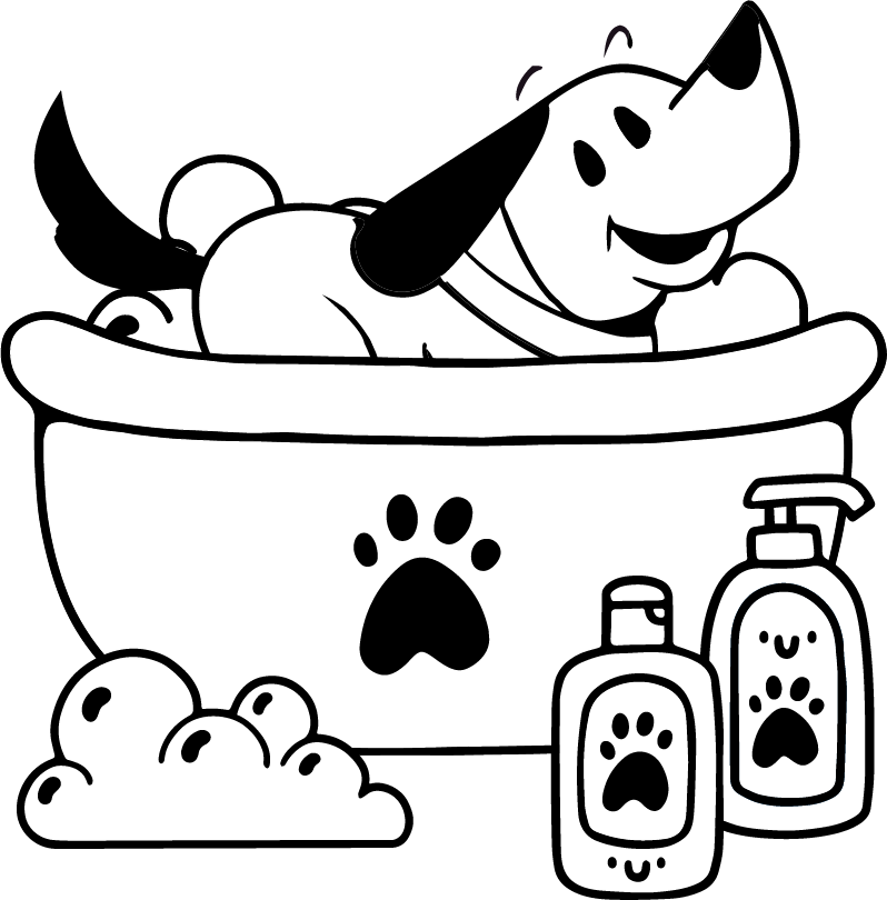 A cartoon dog in a bathtub with a paw print on the side, surrounded by bubbles and two bottles of dog shampoo or soap, one with a happy face