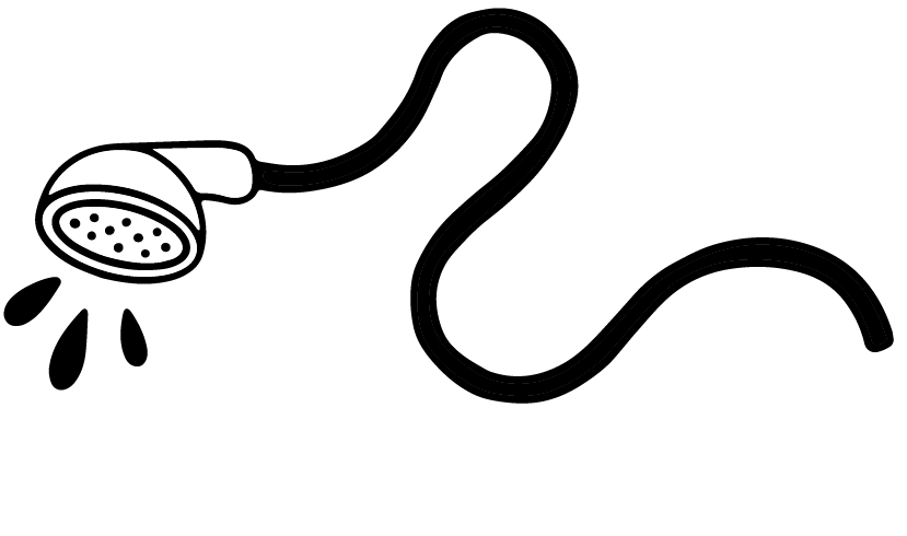 Black and white illustration of a showerhead with water spray