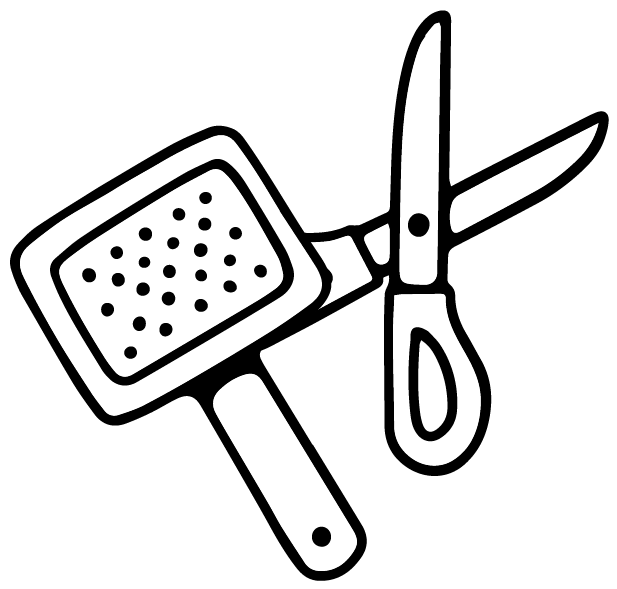 Illustration of a spatula, scissors, and a hairbrush on a black background.