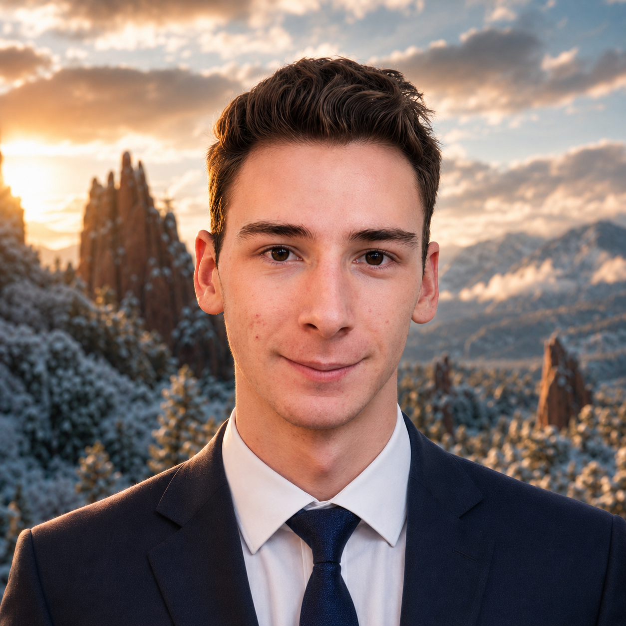 A young man in a suit and tie smiling outdoors during sunset, with snow-covered mountains and rocky formations in the background.