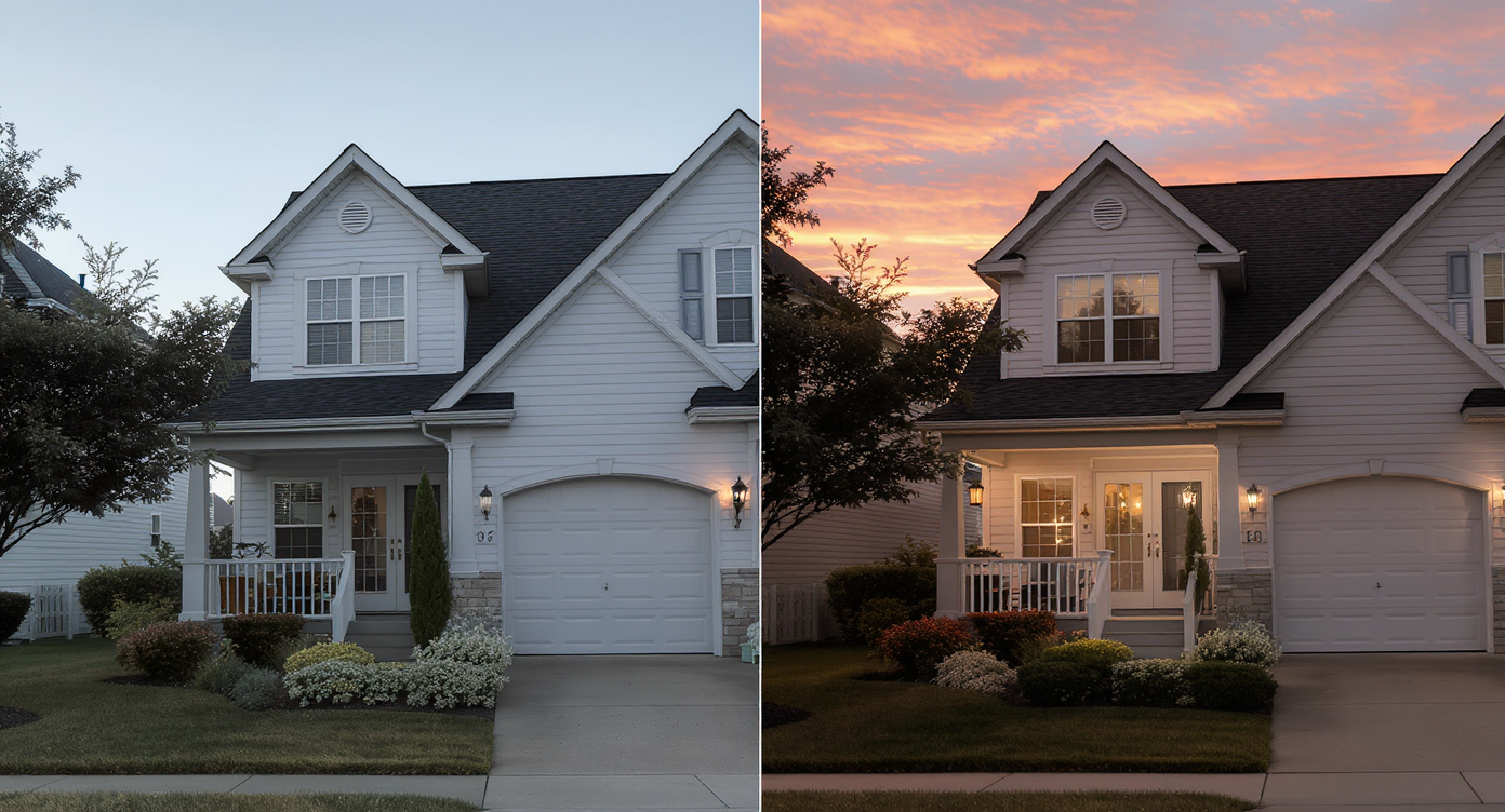 Side-by-side comparison of the same house during day and evening. The house features white siding, a front porch with a railing, a garage, and a landscaped lawn with bushes and flowers. During the day, the scene is bright with a blue sky. During the evening, the sky is orange and pink with sunset colors, and the house is illuminated with exterior lights.