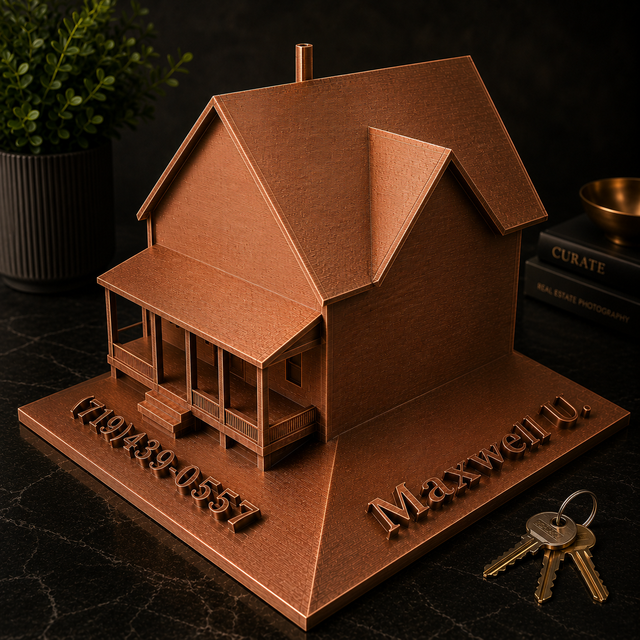 Copper-colored scale model of a house with a front porch, set on a black surface, with a set of keys nearby, surrounded by a plant, books, and decorative objects.