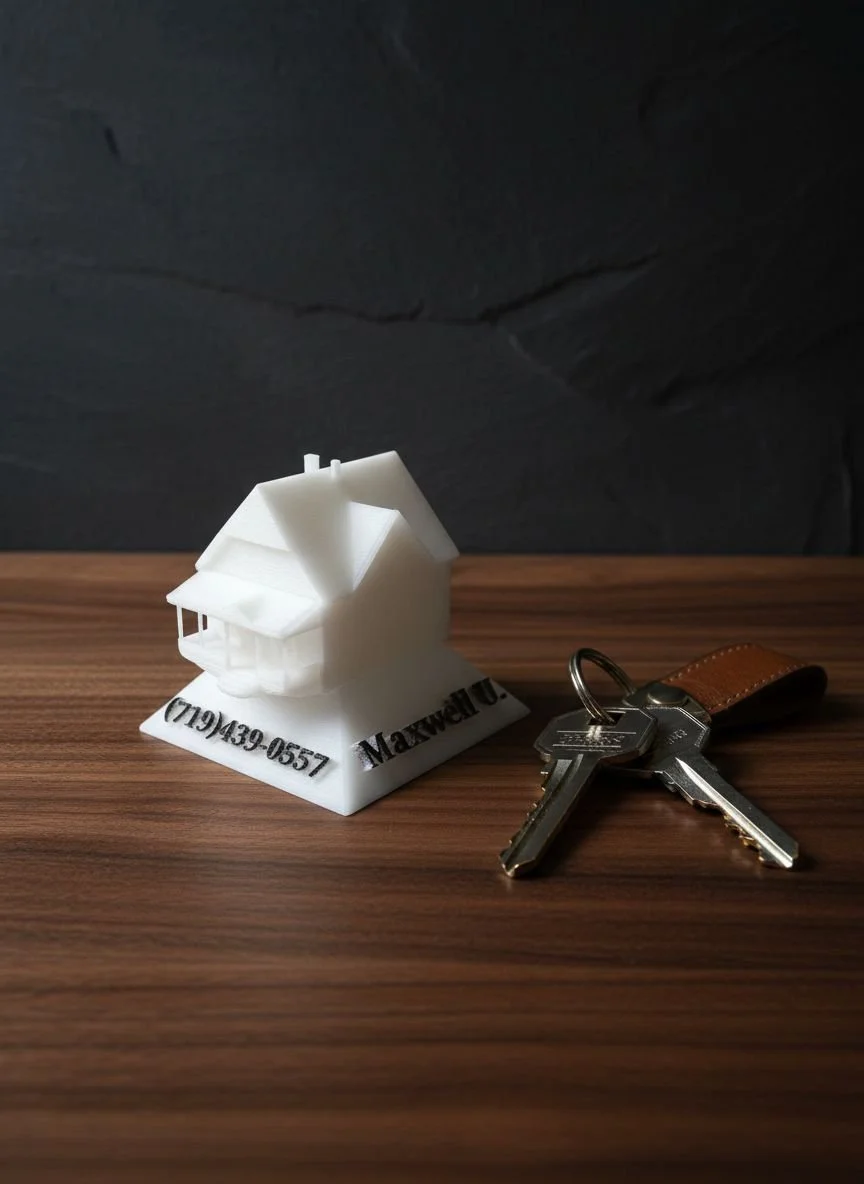 White house-shaped model with black text on the base, and a set of keys with a brown leather keychain on a wooden surface.