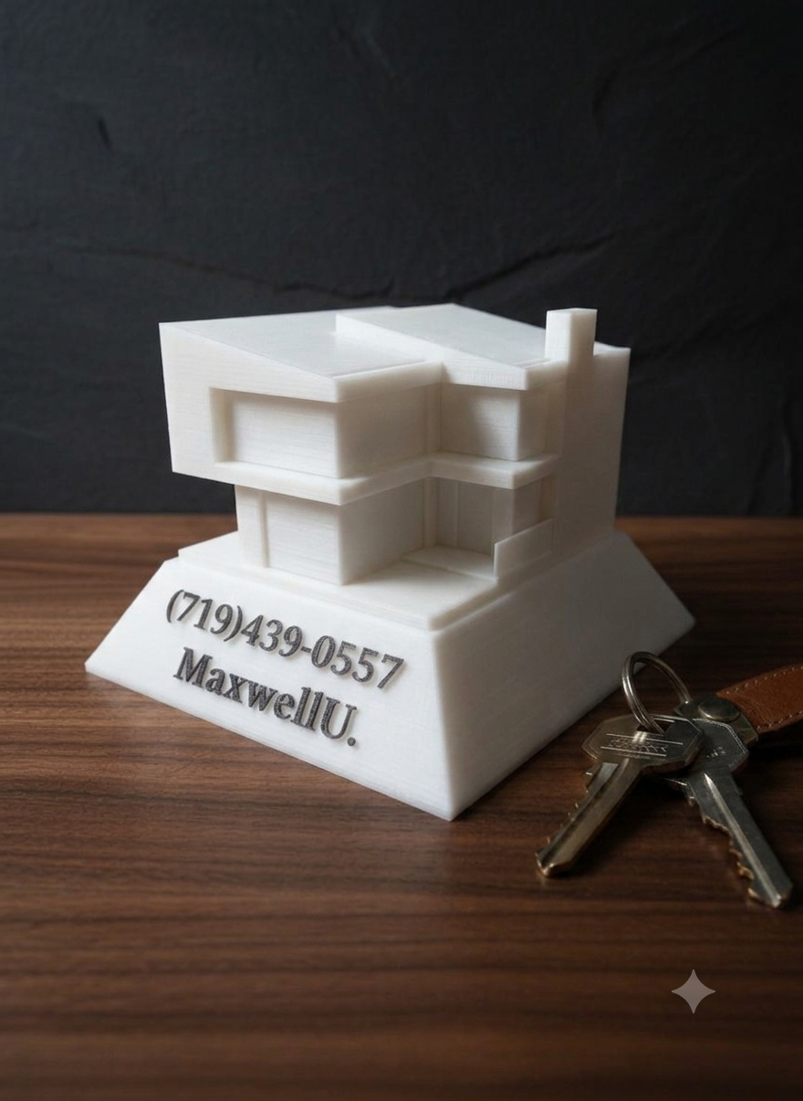 Architectural model of a modern house with contact information and name "MaxwellU." engraved on the base, placed on a wooden surface with a set of keys nearby, against a dark background.