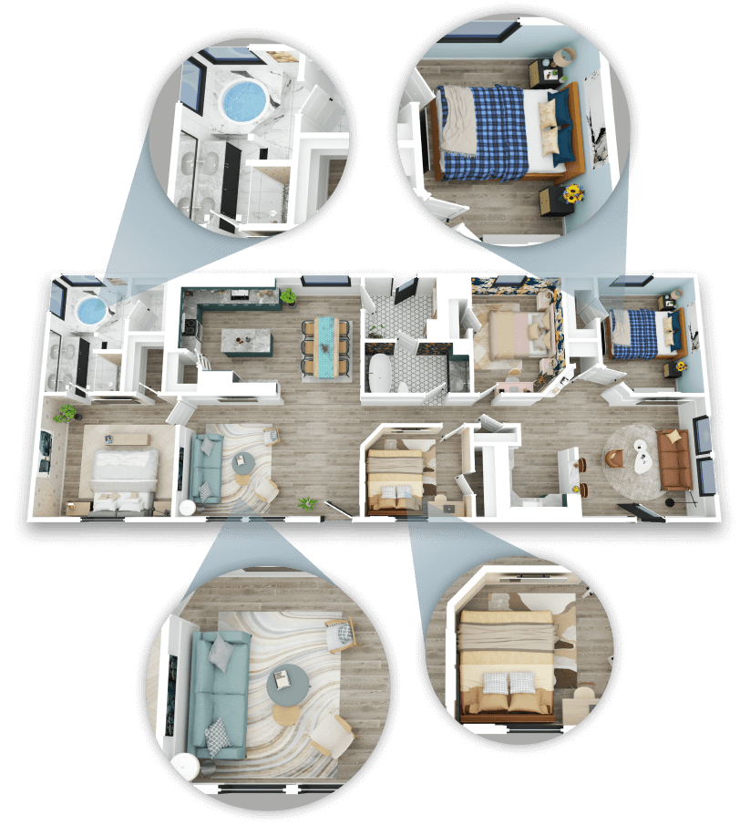 Floor plan of a house with multiple bedrooms, bathrooms, a kitchen, living room, and dining area, with three zoomed-in views of different bedrooms.