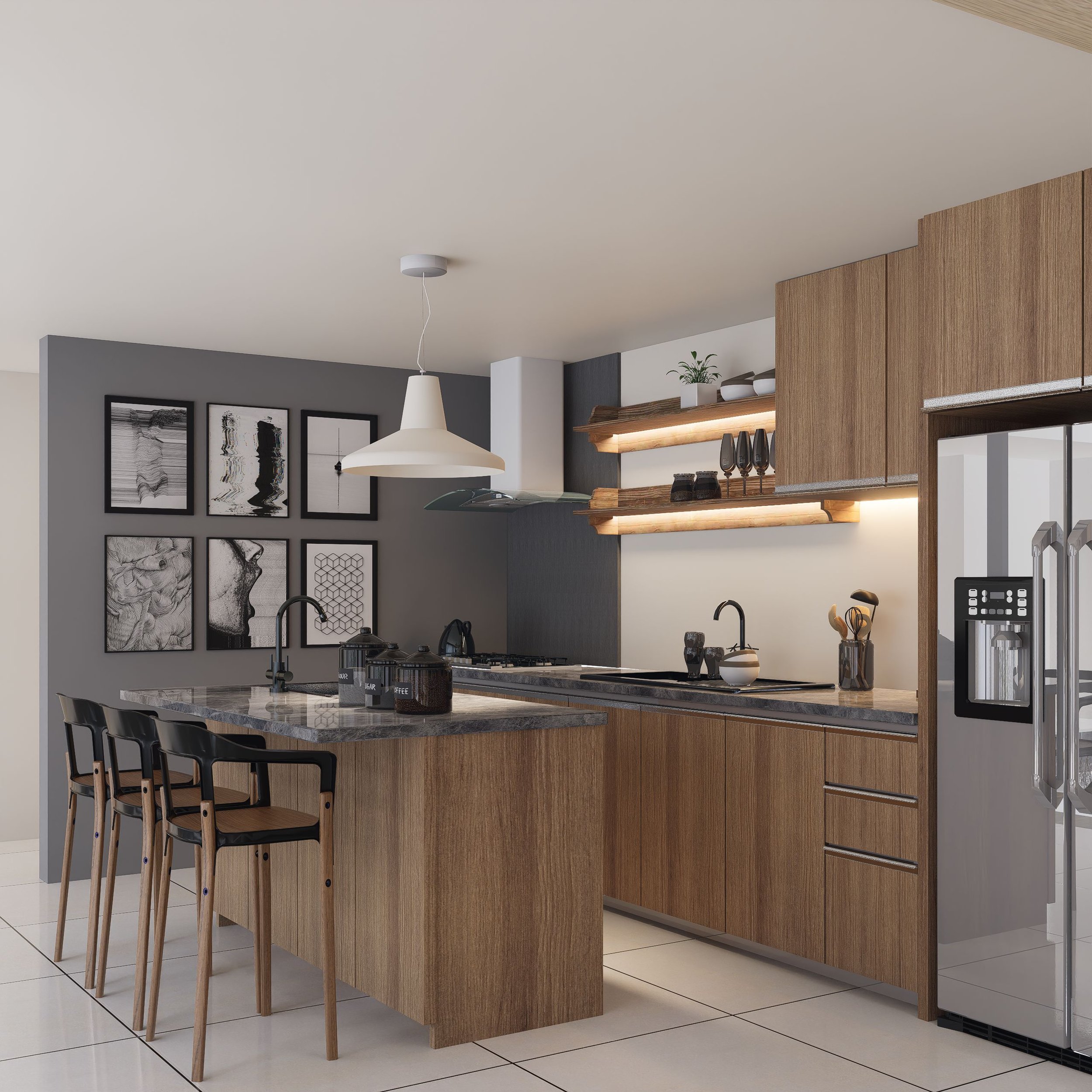 Modern kitchen with wooden cabinets, black bar stools, black framed artwork on gray wall, white pendant light, and kitchen countertop with kitchenware