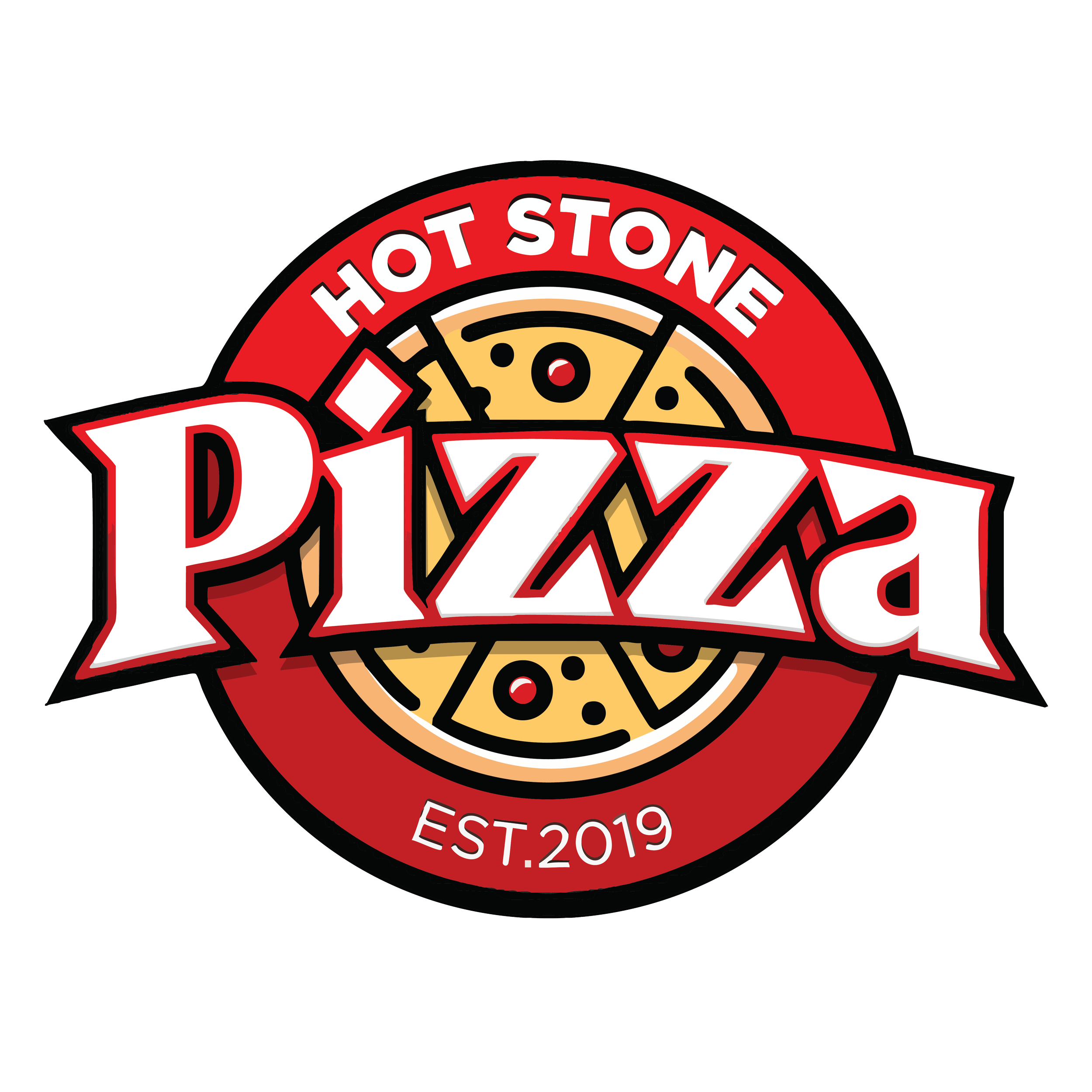 Logo for a restaurant or pizzeria with the words 'Hot Stone' and 'Est. 2019', featuring a circular pizza graphic in the center.