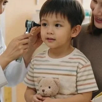 A young boy at a medical appointment, sitting patiently while a healthcare professional uses an otoscope to examine his ear, with a woman smiling nearby.