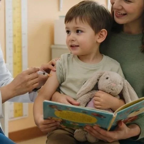 A young boy sitting on a woman's lap receiving a vaccination while holding a stuffed bunny, with a smiling woman next to him and a nurse administering the shot.