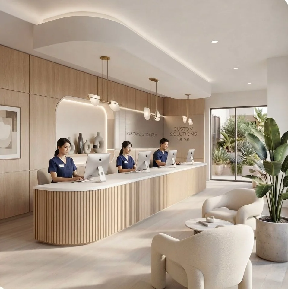Reception area of a modern office with three staff members in navy uniforms working at Apple iMac computers behind a curved wooden counter. The background includes a wall with decorative vases and the words "CUSTOM SOLUTIONS DESK." There are cozy chairs and a coffee table in the seating area, large potted plants, and glass doors leading outside, allowing natural light to brighten the space.
