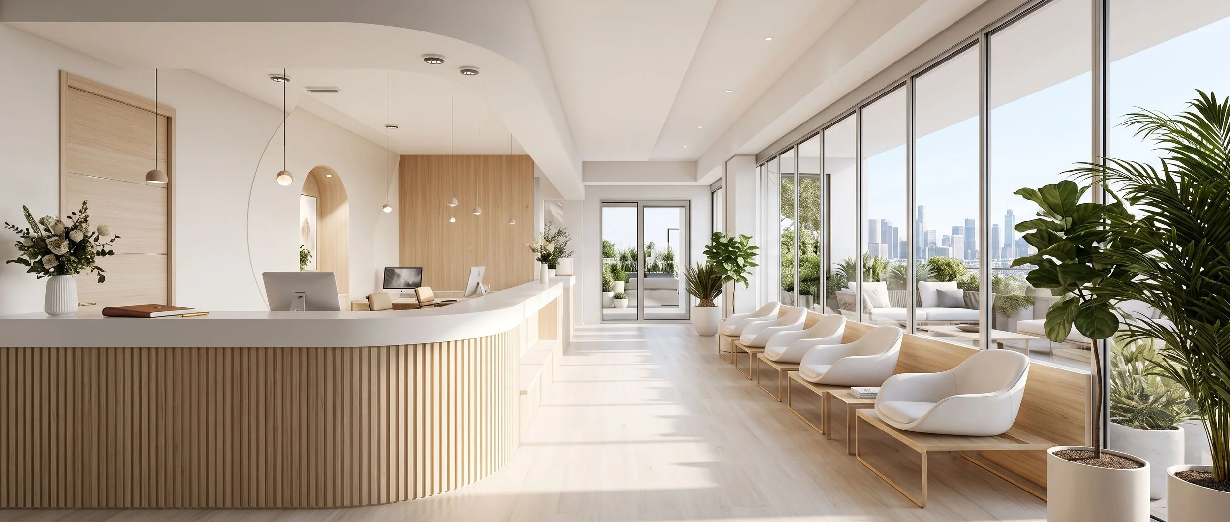 Modern hotel lobby with white and light wood decor, a curved reception desk, potted plants, and a row of white chairs along large glass windows showing a city skyline.